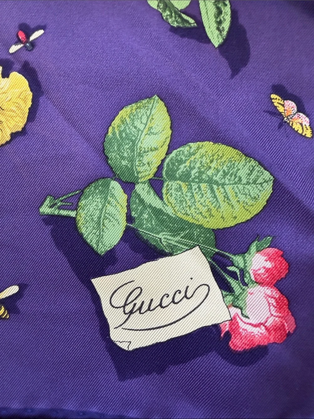 Gucci Purple Floral Letter-Print Silk Scarf